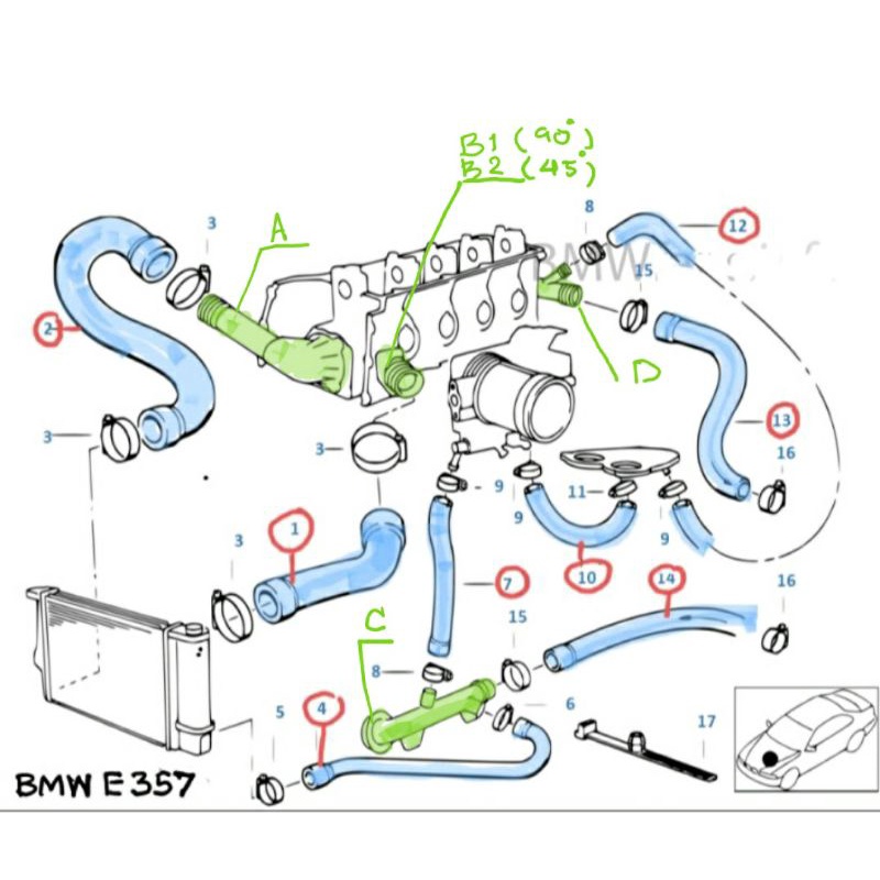 ท่อน้ำ Water hoses/ Cooling System Water Hoses BMW E36 E34 Z3 เครื่อง