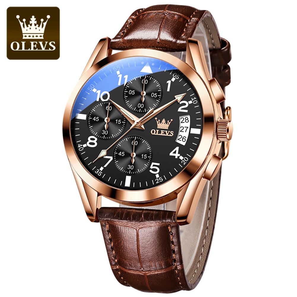OLEVS Original Luxury Watch for Men Quartz Multifunction Fashion Leather Waterproof Clock Brand