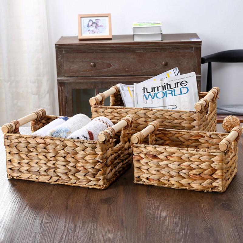 [yq] Americanstyle handmade straw wooden handle storage basket