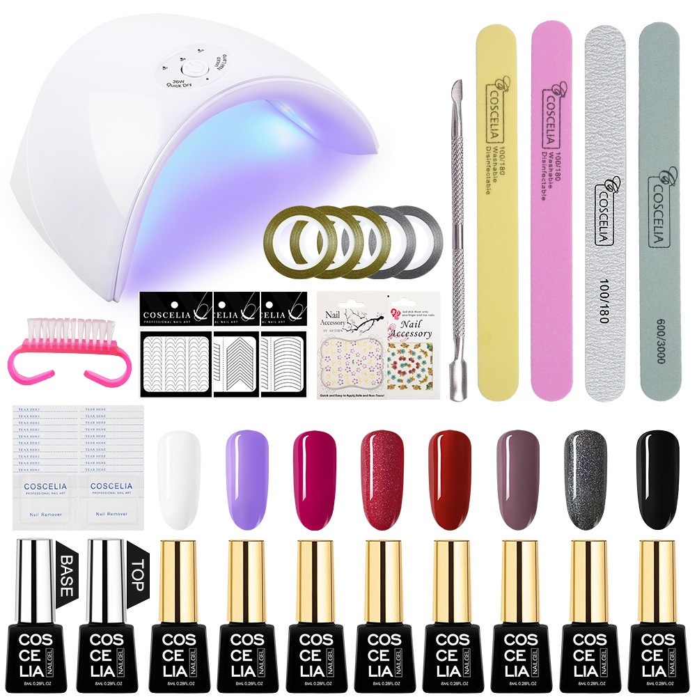 Coscelia 36W UV Nail Lamp 8 Colors Nail Polish Kit Nail Stickers 8ml