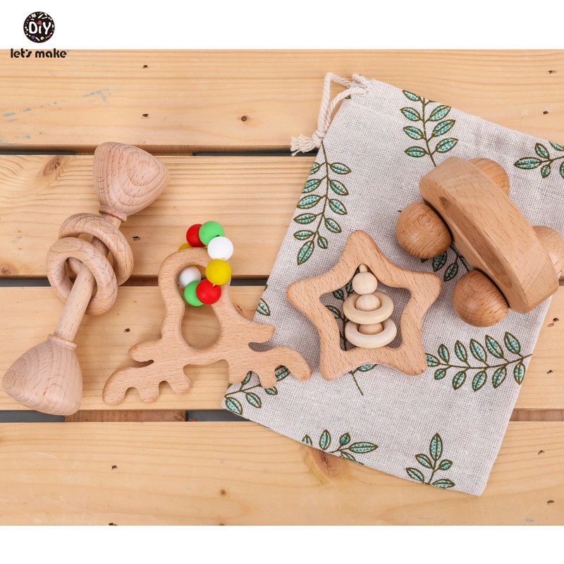 Let s Make 4pcset Baby Rattle Set Hand Teething Beech Wooden Animal Elk