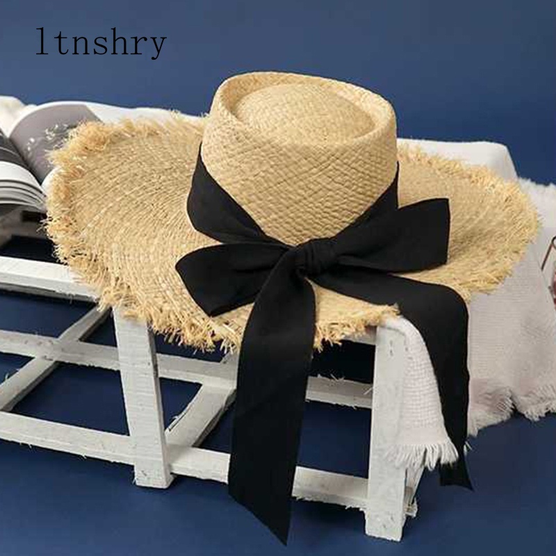 ของแท้ 100 New Summer Beach Raffia Black White Ribbon Hat Women Lady