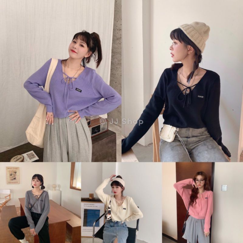 JJ Shop♡พร้อมส่ง♡เสื้อยืดไหมพรมแขนยาวคอวีไซส์ใหญ่ไสตล์เกาหลี"7605“ N Shopee Thailand