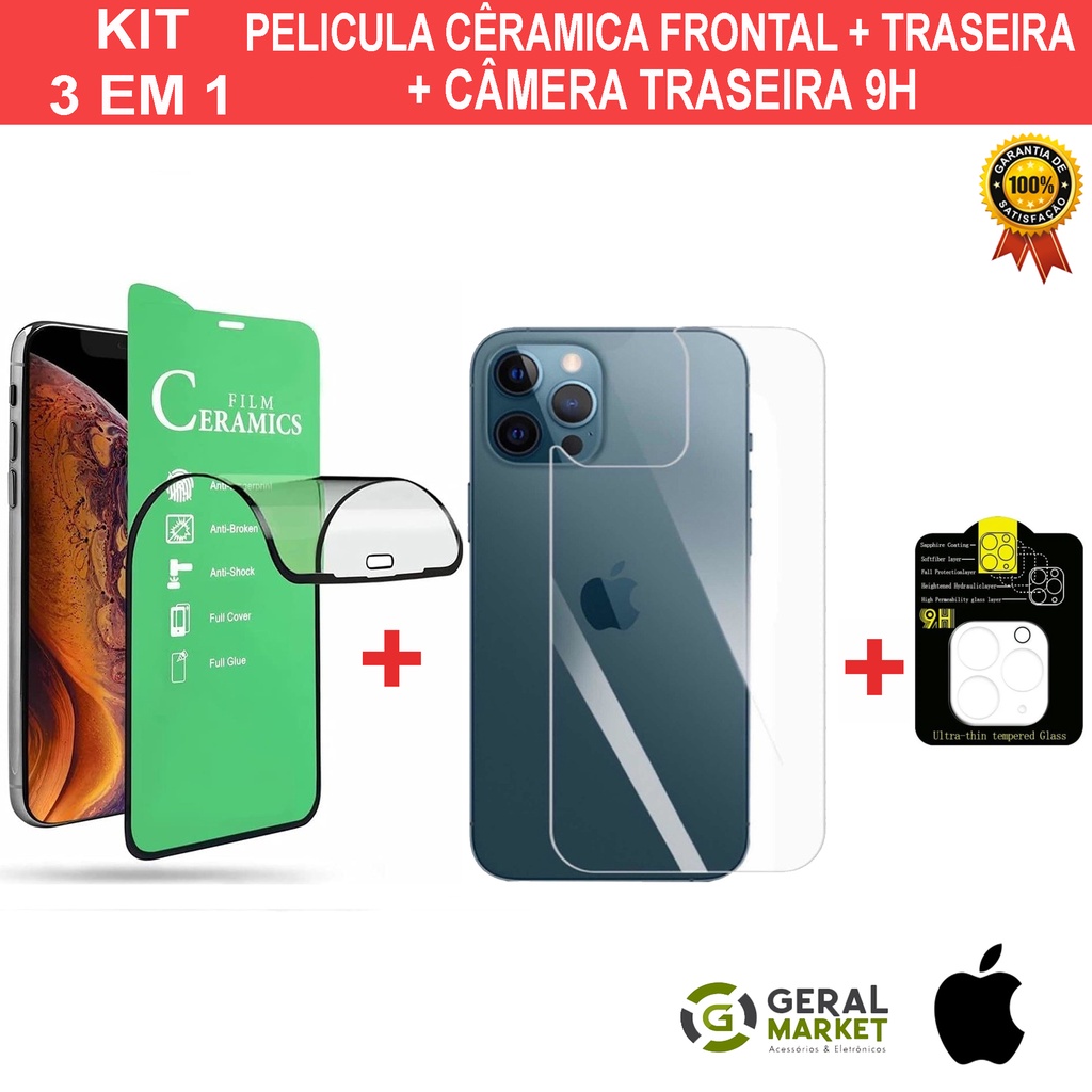 KIT PROTEÇÃO 1 Cerâmica Frontal + 1 Cerâmica Traseira + 1 Película Câmera Para Qualquer iPhone