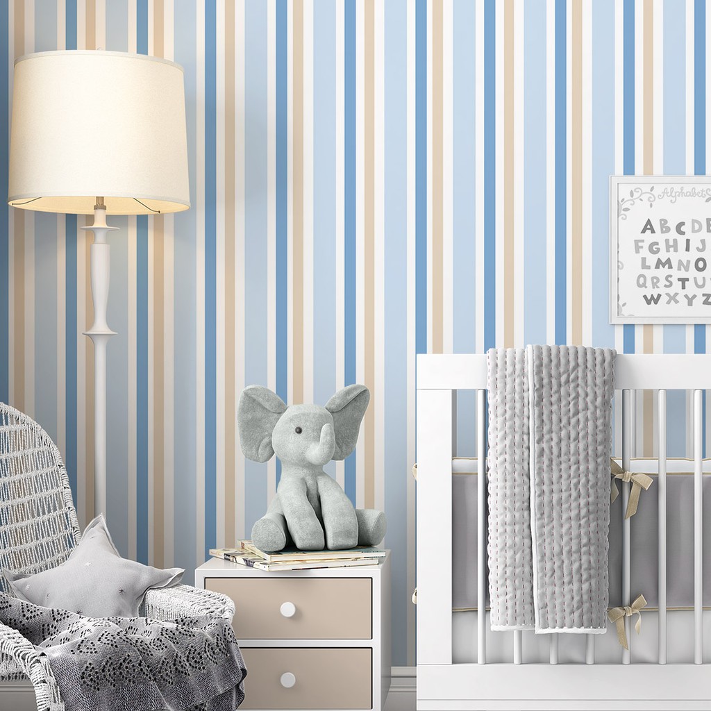 Papel De Parede Adesivo Listrado Listras Azul Claro Bege e Branco para