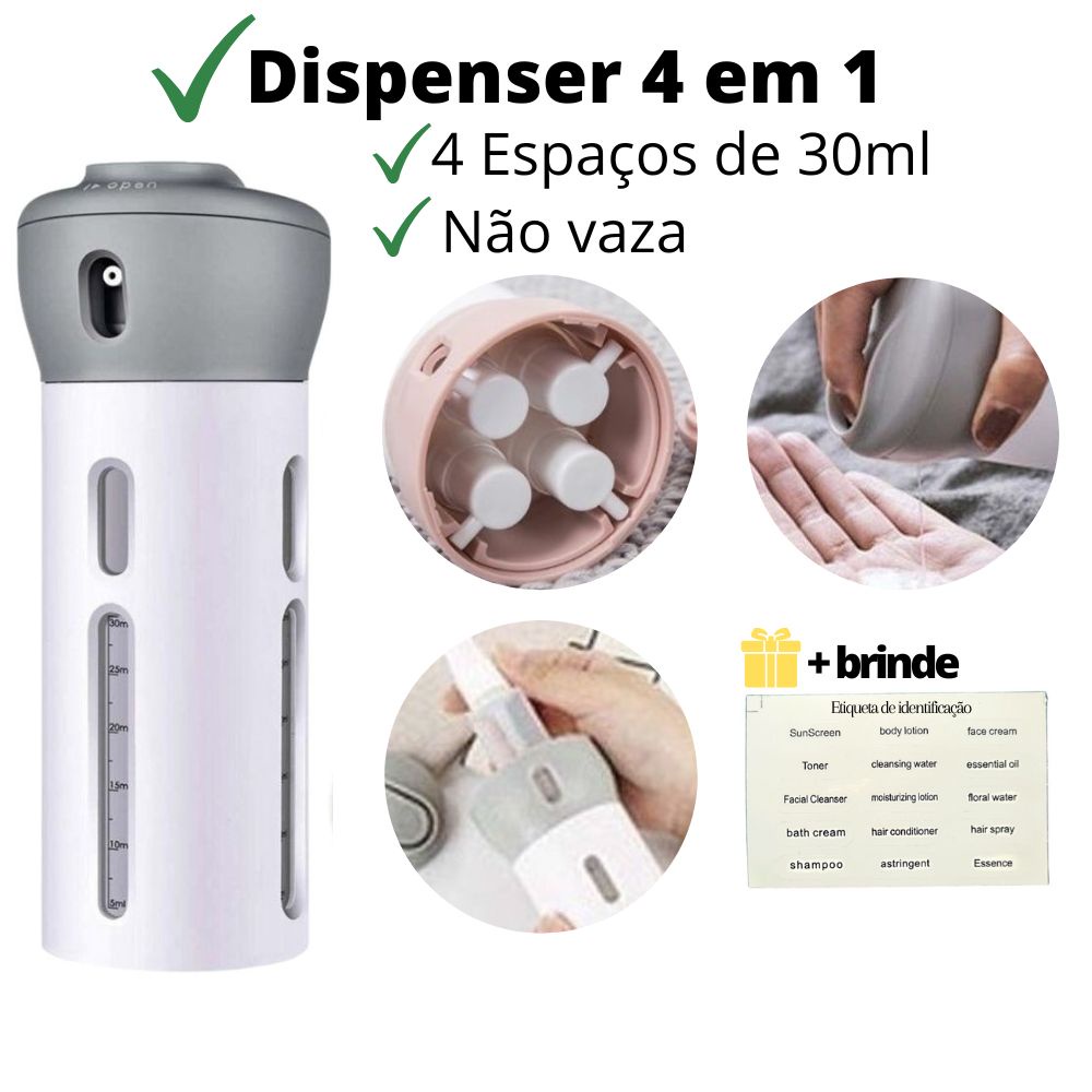 Kit Para Viagem Dispenser 4 em 1 Porta Shampoo Condicionador Creme