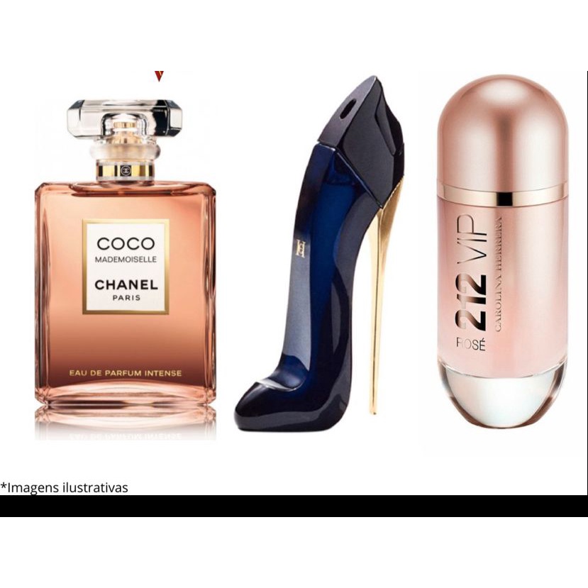 Kit 3 Perfumes Femininos Good Girl, 212 Vip Rosé, Coco Chanel 50ml