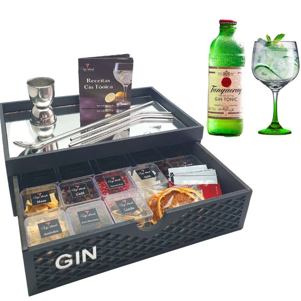 Kit Gin Tanqueray 275ml +1 Taca Gin Haste Verde + Caixa Espelhada + 14