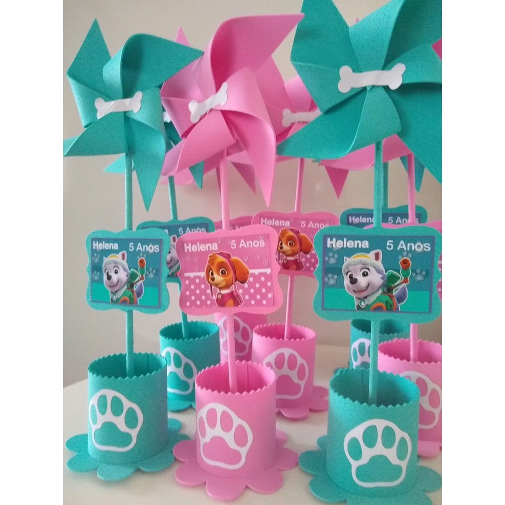 centro de mesa patrulha canina festa patrulha Skye e EVEREST papelaria