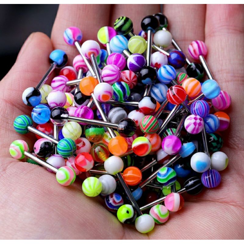 kit 12 Piercing Língua Aço Cirúrgico Colorido Bolinha Acrilico