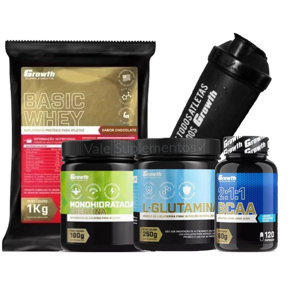 Kit Growth Whey + Bcaa + Creatina + Glutamina + Copo Escorrega o Preço