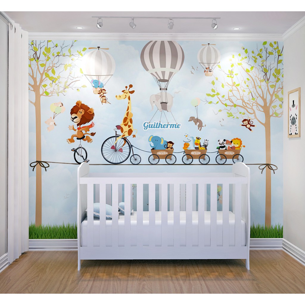 Papel de Parede Infantil Tema Safari Baby Soft Azul Quarto de Bebê