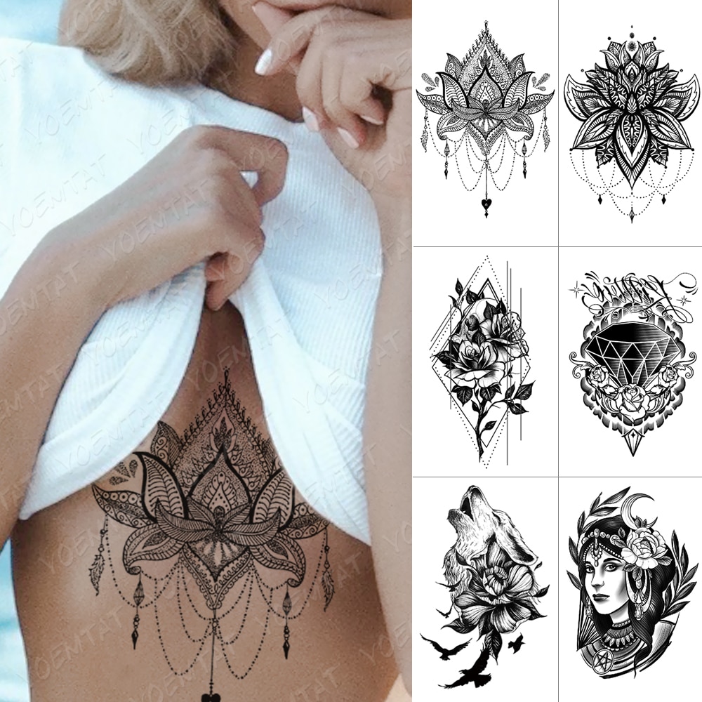 À Prova D'água Etiqueta Tatuagem Temporária Peito Rendas Henna Mandala Flash Tatuagens Lobo Diamante Flor Corpo Braço Arte Falsa Tatoo Mulheres Homens | Shopee Brasil