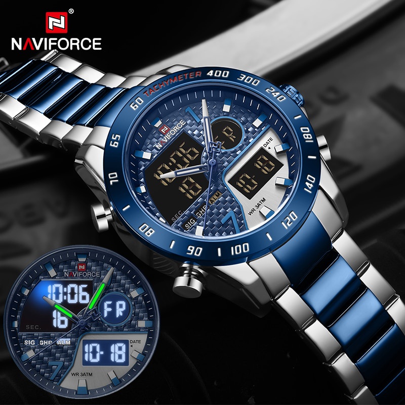 NAVIFORCE Men's Sports Quartz Full Steel Waterproof Digital Watches