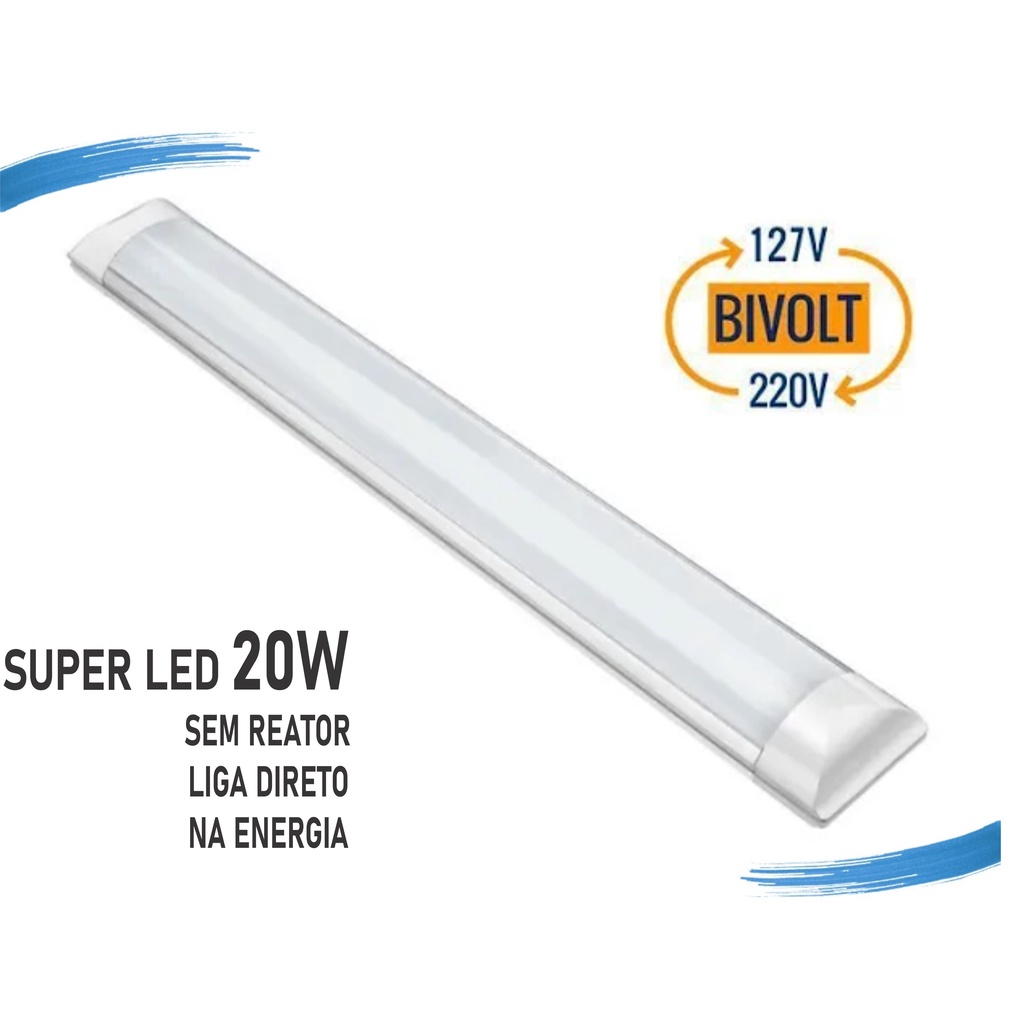 Kit 02 Luminária Tubular Sobrepor Led Slim 20w 6500K Branco Frio 60cm