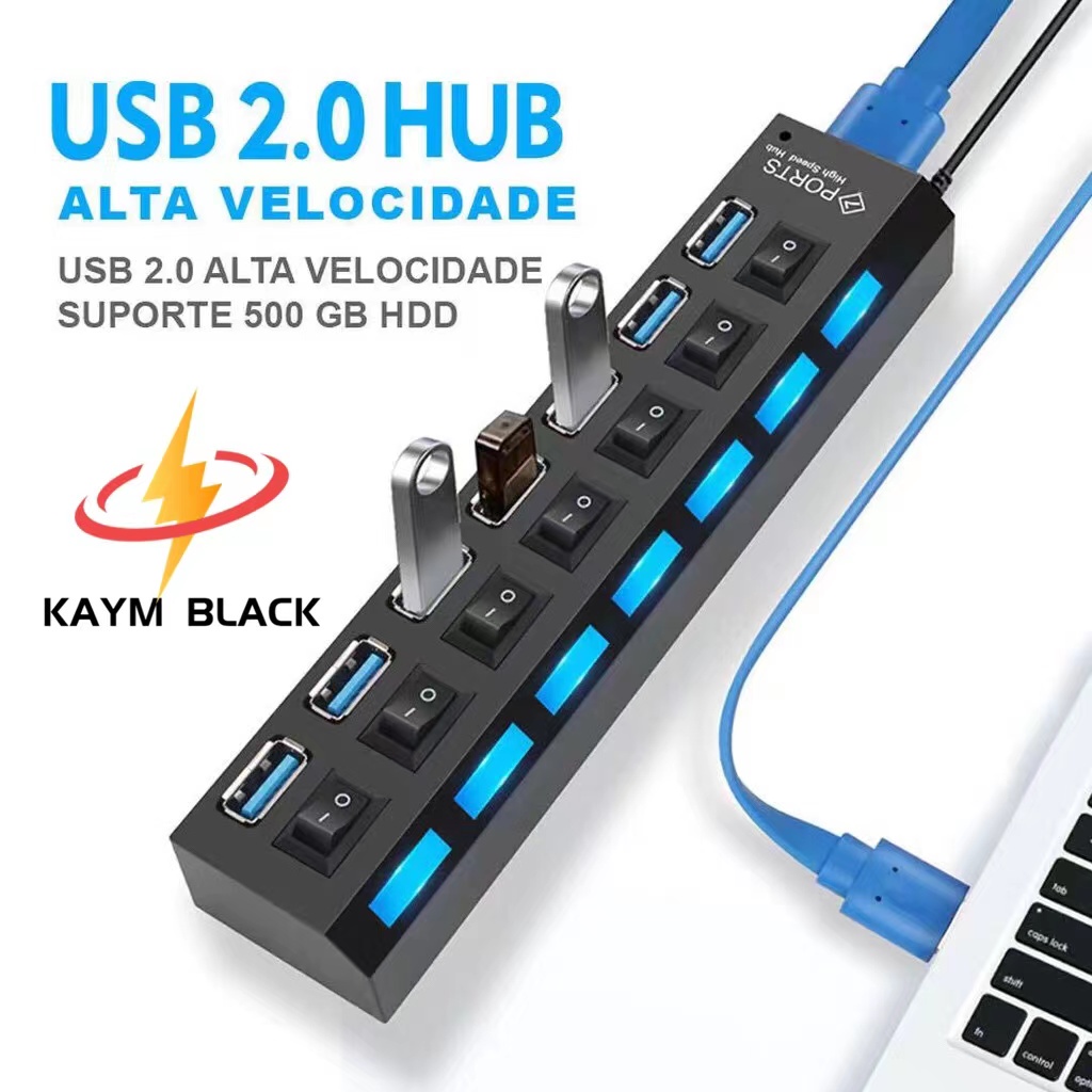 Hub De Usb 7 Portas 2.0 Hd Extensor High Speed Pen Drive LED plitter