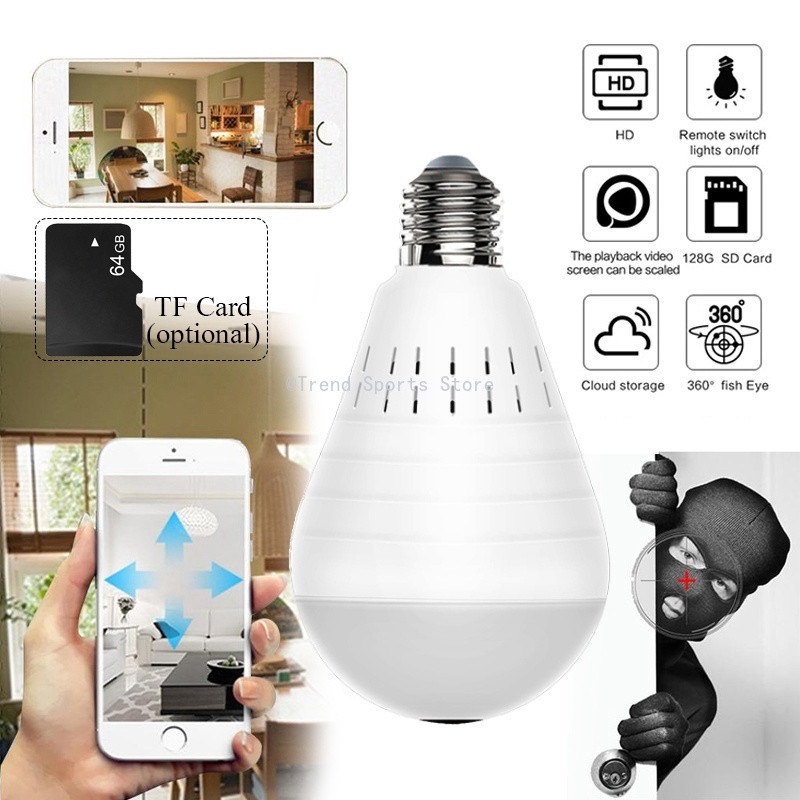 Lâmpada LED com Câmera Espiã Olho de Peixe HD 960P Panorâmica em 360