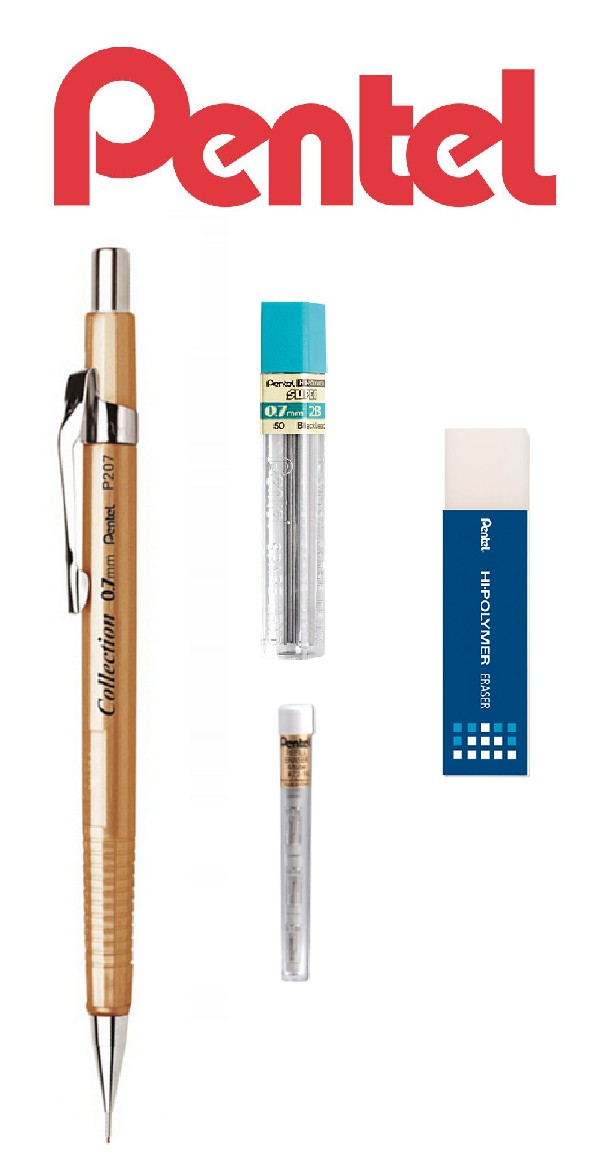 Lapiseira Pentel Sharp 0,7mm Dourada + Grafite + Borrachas