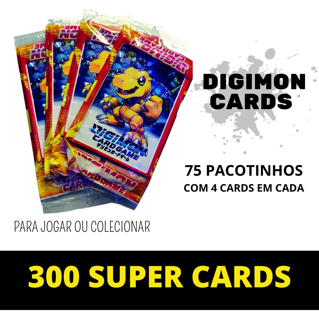 300 CARDS DIGIMON = 75 pacotinhos fechados com 4 cards em cada. Revenda