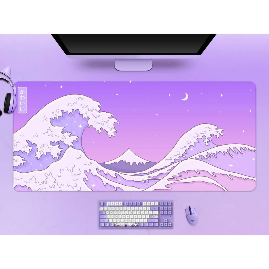 Kawaii Roxo Tapete De Mesa Onda Bonito , Rosa Pastel Anime Estética , Lua E Oceano mouse pad xl
