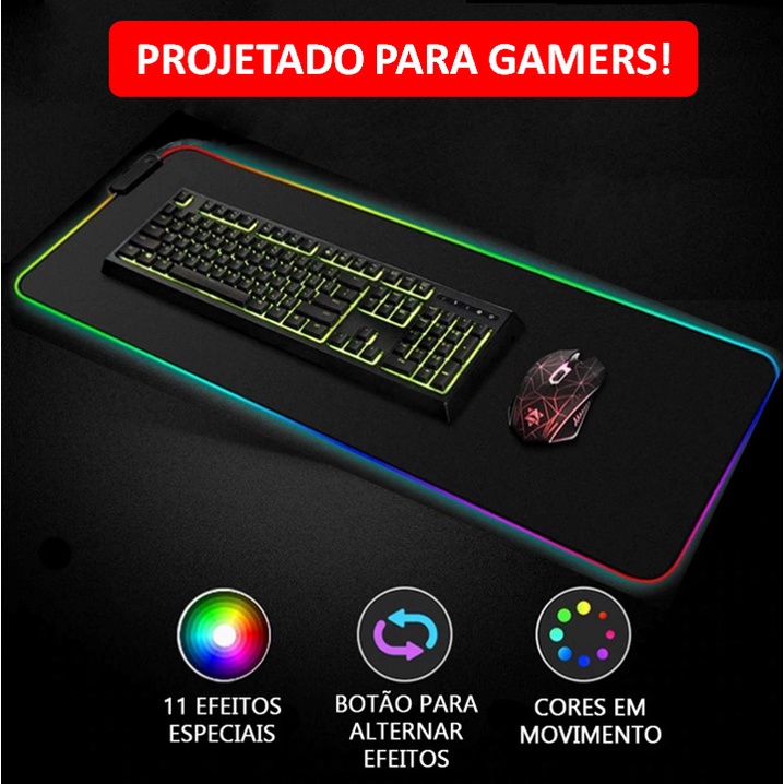Mouse Pad Gamer Grande Com Borda De Led RGB Com 11 Efeitos 30cm X 80cm