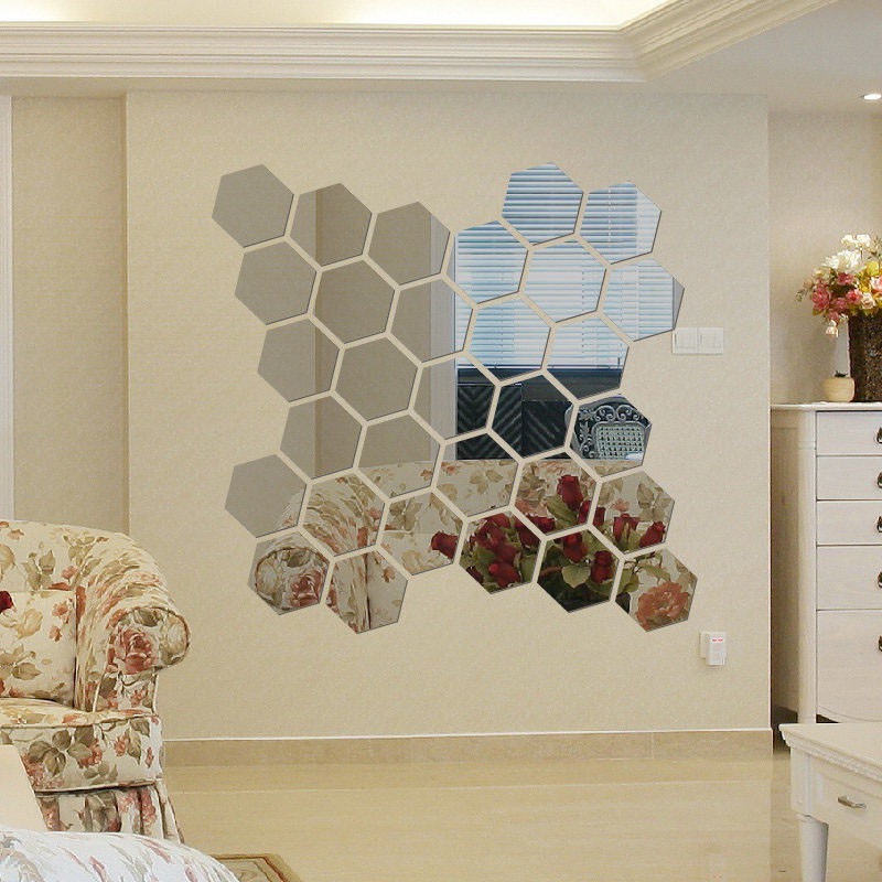 12 Pcs Hexágono Espelhado Adesivo De Parede Sala De Estar Home Decor