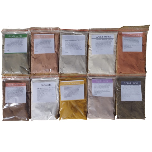 Kit 10 Cores de Argila 100g Facial Verde, Rosa, Branca, Preta, Roxa