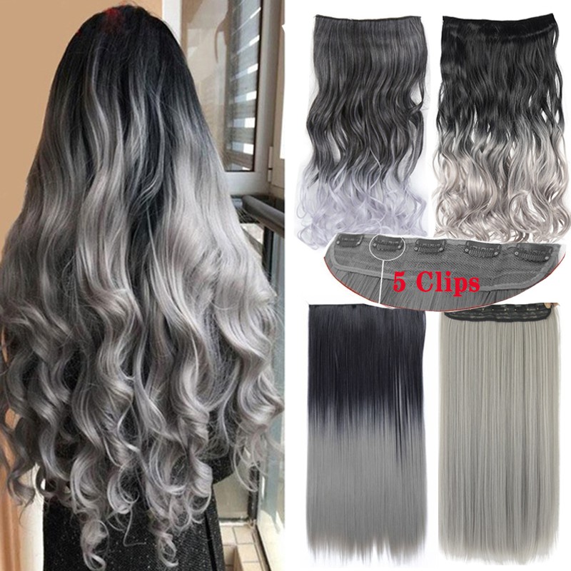 Aplicar cabello Sintético rizado negro a color gris/extensiones para el