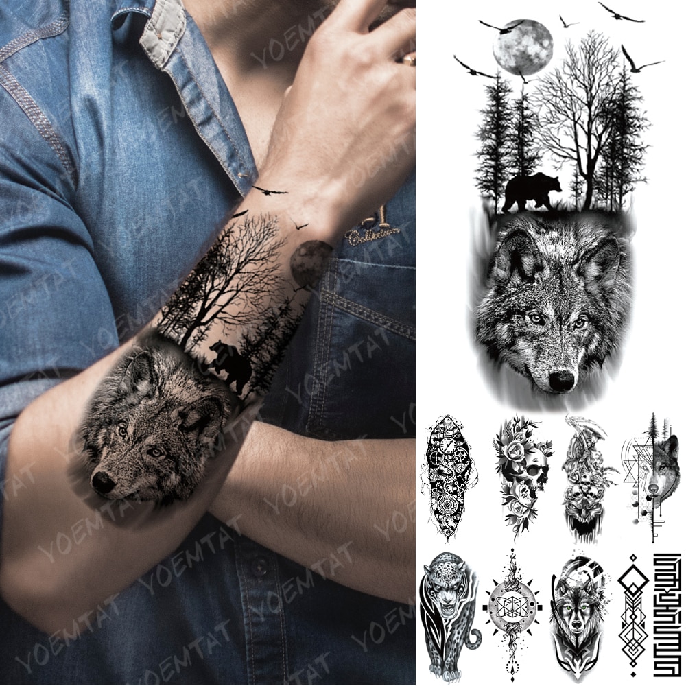 Impermeable Temporal Tatuaje Pegatina Bosque Luna Vuelo Pájaro Oso Flash Tatuajes Leopardo Lobo Tigre Cuerpo Arte Brazo Falso Tatoo Hombres | Shopee México 1000_x_1000_jpg