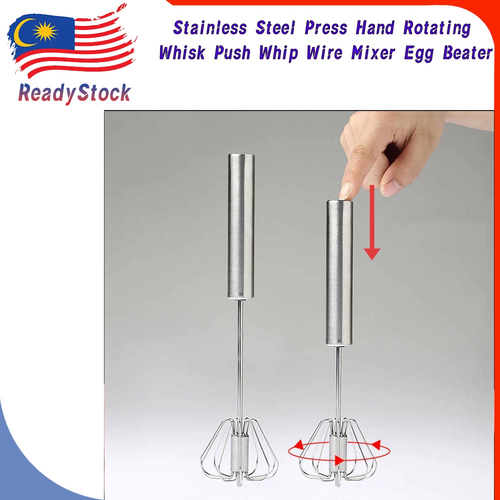 Stainless Steel Press Hand Rotating Whisk Push Whip Wire Mixer Egg