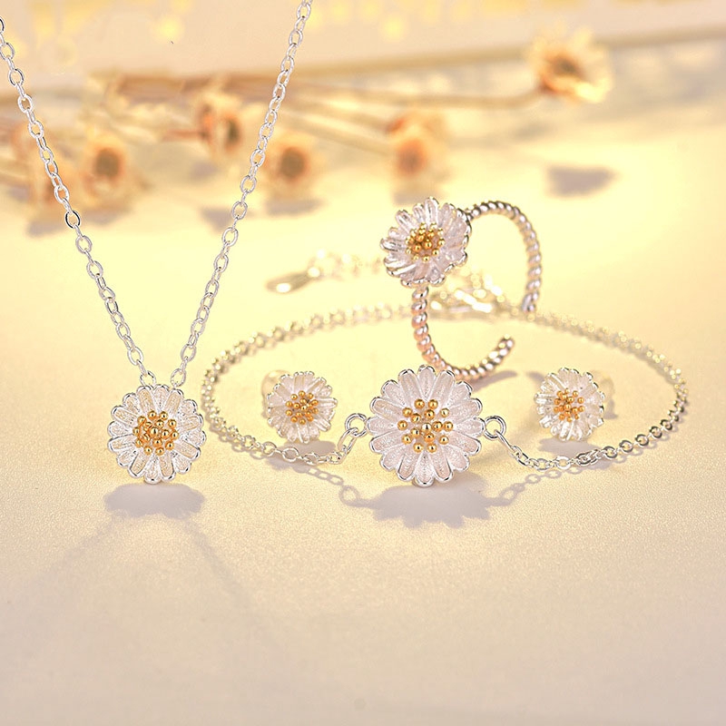 Kalung Cincin Gelang Daisy Flower Silver Necklace Ring Bracelet Women