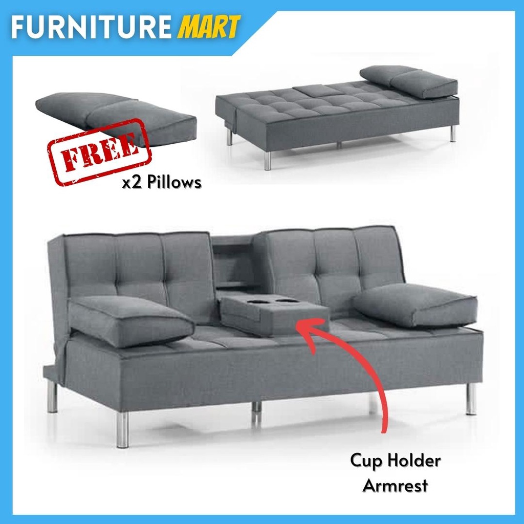 Furniture Mart RANDY 3 seater sofa bed with cup holderGrey Shopee