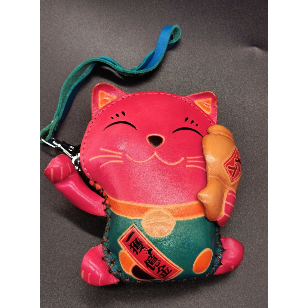 Lucky Cat Genuine Leather Handmade Leather Animal Coin Purse Key Pouch