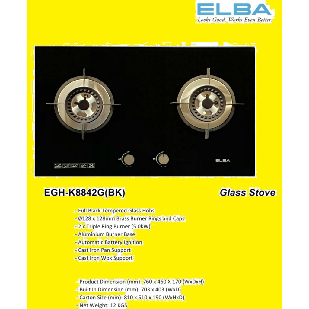 *SHIP TODAY*ELBA GLASS GAS STOVE (3 BURNER) EGHK8843G(BK)/ELBA EGH