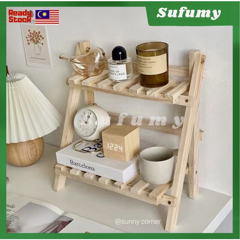 Minimalist Wooden Double Tier Desk Organizer Rack Desktop Organize