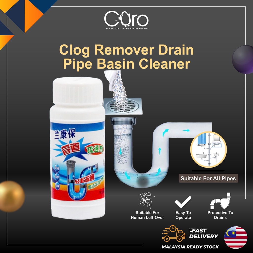 CURO Clog Remover Drain Pipe Basin Cleaner Clogged Drainage Remover Powder Toilet Kitchen 110g