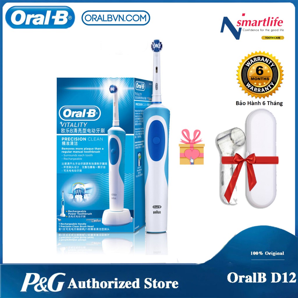 OralB D12 automatic electric toothbrush in blue cleans teeth, limits