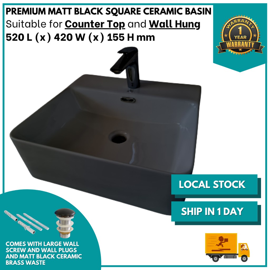 Premium Matt Black Square Ceramic Counter Top Wall Hung Basin 520 MM