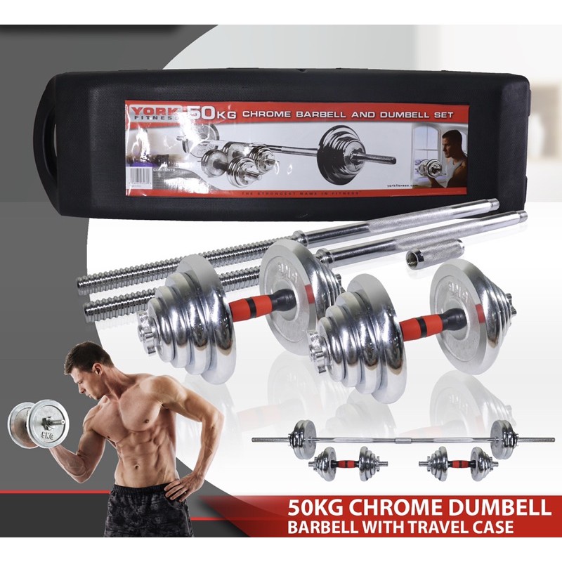 York Chrome Dumbbell And Barbell 50kg Set