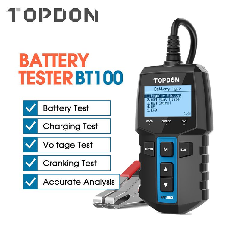 TOPDON BT100 Car Battery Tester 12V 1002000 CCA Digital Auto Battery