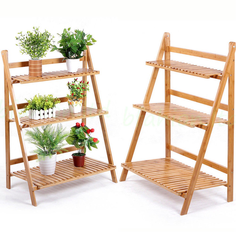 Foldable Rack 3 Tier Bamboo Wooden Flower Garden Rack Potted Plant