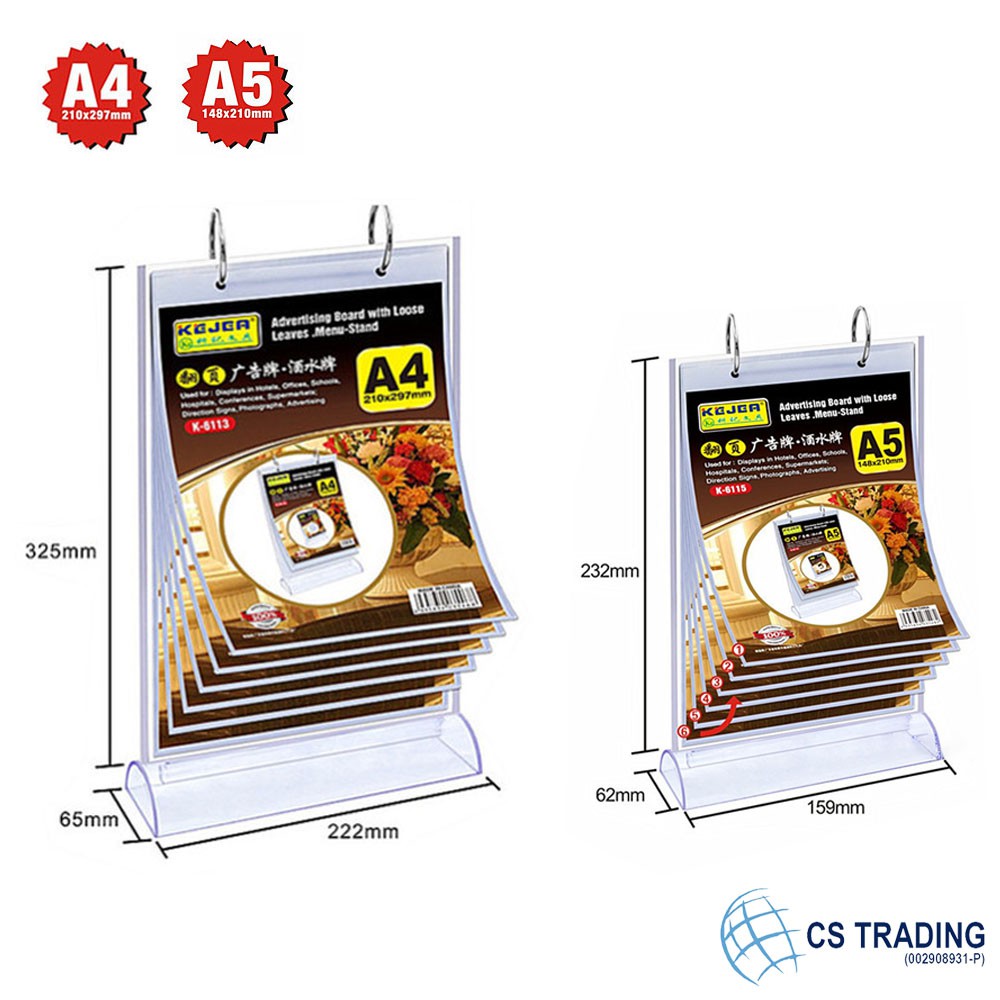 A5 A4 Acrylic Paper Table Menu Stand with 6 Sleeves Vertical