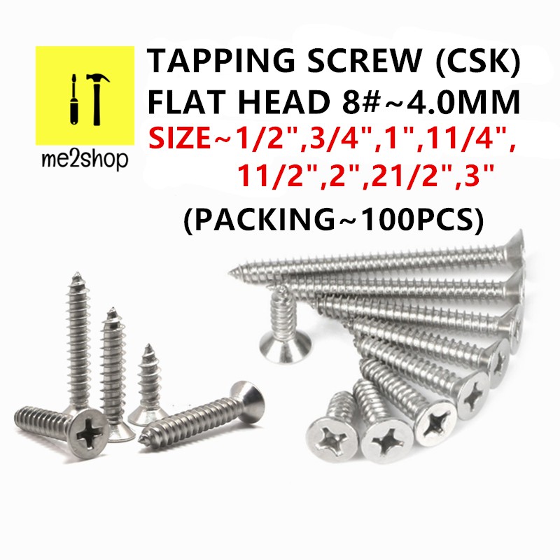 (100PCS) 8 / M4 SELF TAPPING SCREW CSK FLAT HEAD /TAJAM SKRU KEPALA