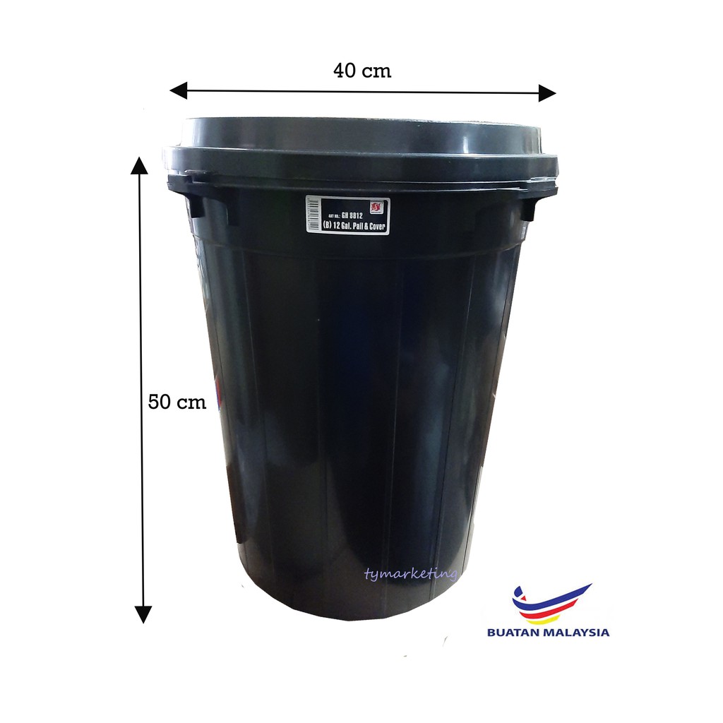12 Gallon Black Plastic Dustbin With Cover / Tong Sampah Hitam