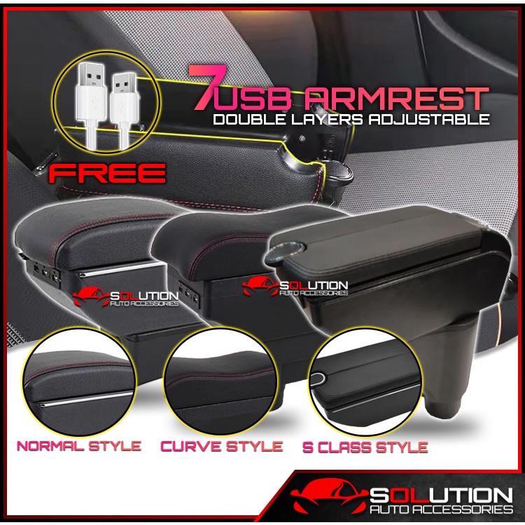 7USB Double Layers Armrest Adjustable Cup Holder Arm rest Perodua Axia