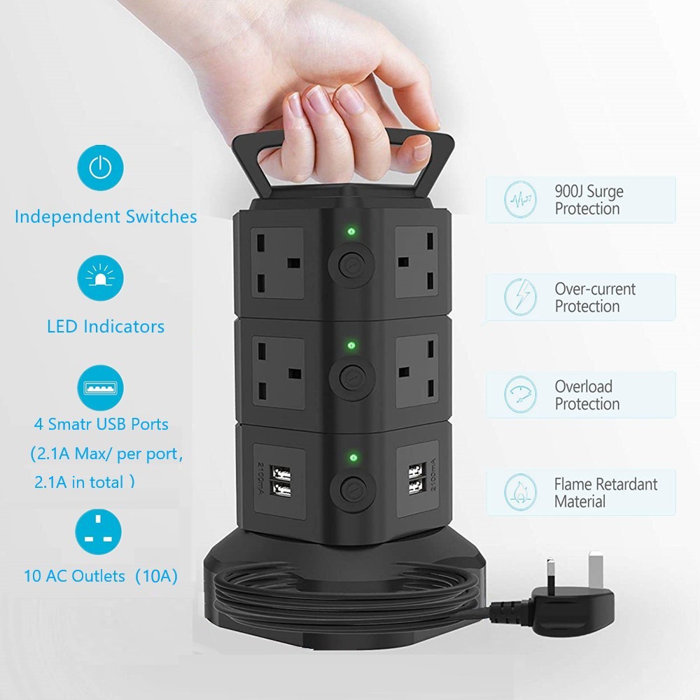 Extension Plug Vertical/Tower Power Socket Surge Protector 10 Outlet Plugs with 4 USB Ports 2M