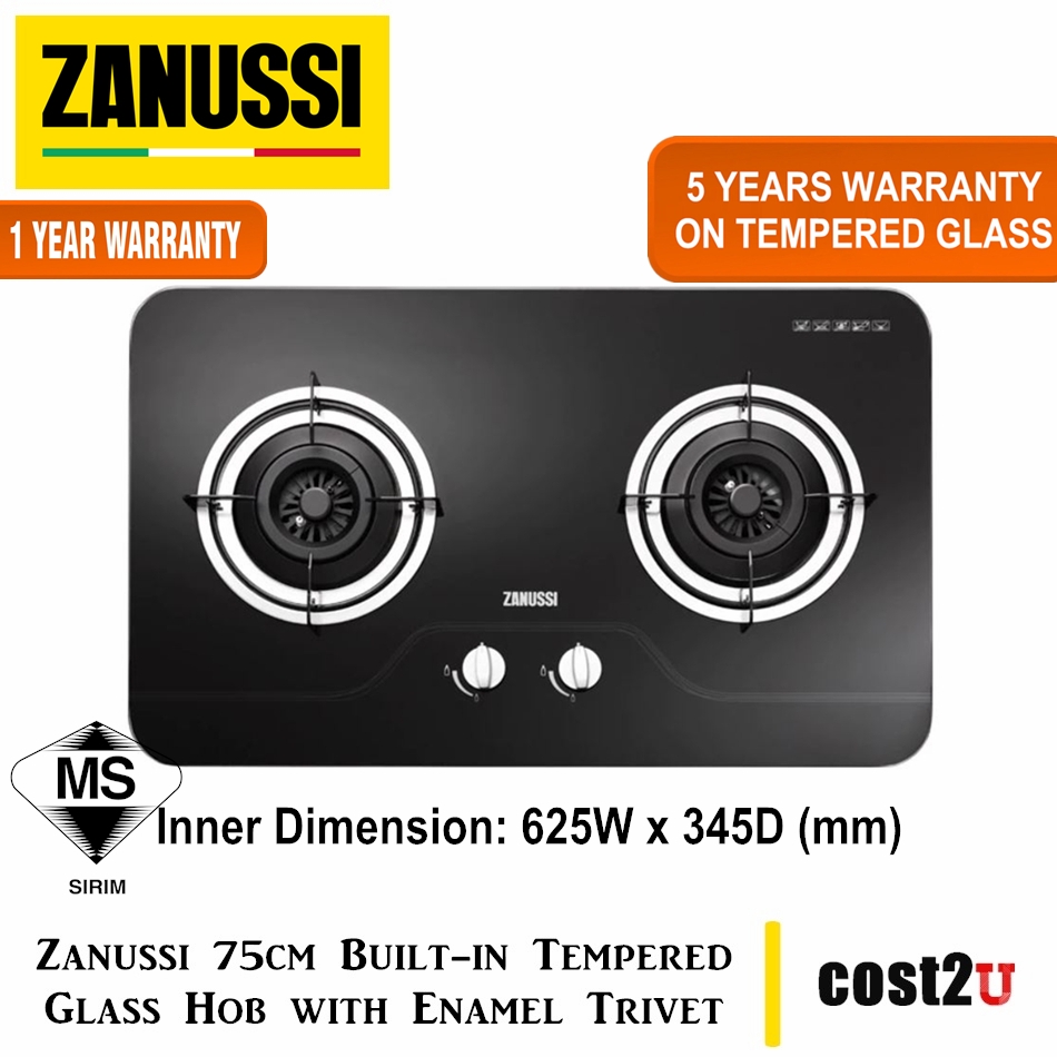 Zanussi 75cm BuiltIn Tempered Glass Hob with Enamel Trivet ZGB750K