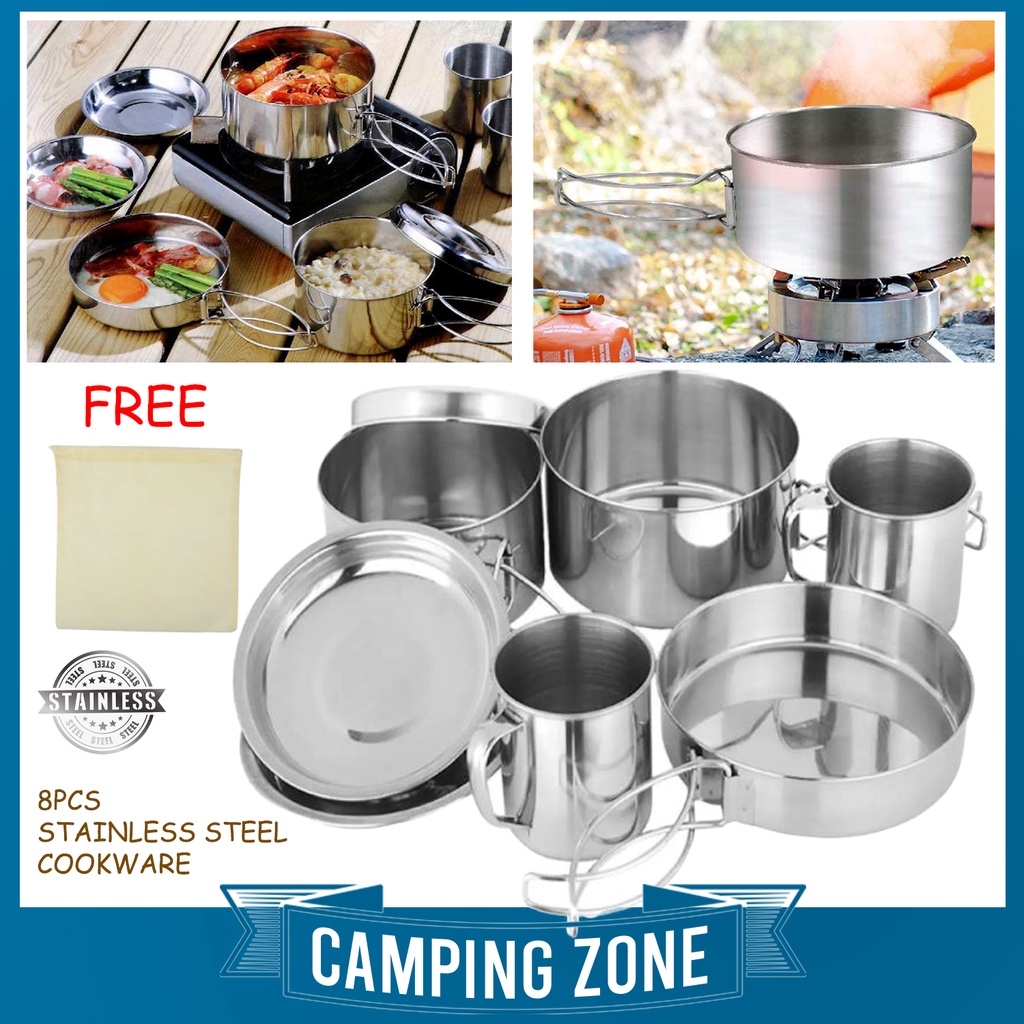 CAMPING ZONE 8PCS CAMPING COOKWARE SET Stainless Steel Camping Cookware