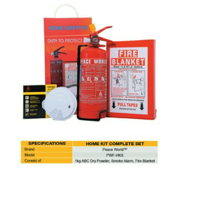 HOME KIT COMPLETE SET FIRE EXTINGUISHER, SMOKE ALARM, FIRE BLANKET