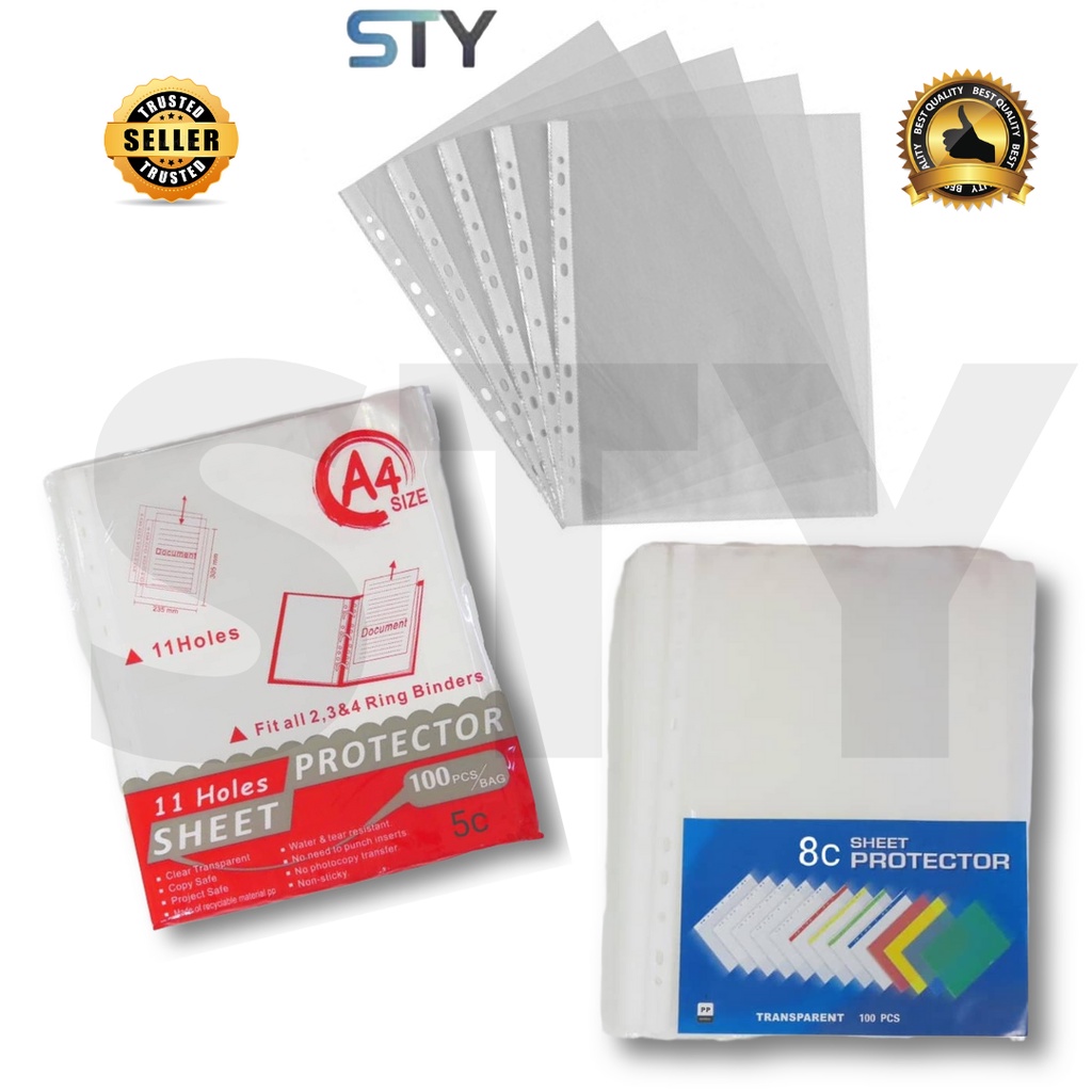 STY 100's Sheet Protector A4 Transparent Paper Folder Stationery Clear